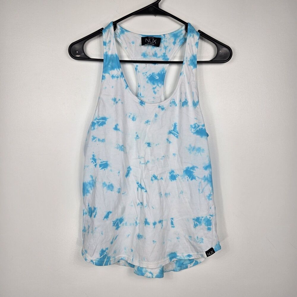 Nux Women's Size Small Blue White Tie Dye Racerback Tank Top NWOT